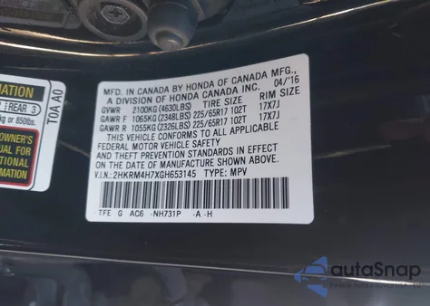 2016 Honda Cr-V Ex-L from USA, damaged, VIN 2HKRM4H7XGH653145